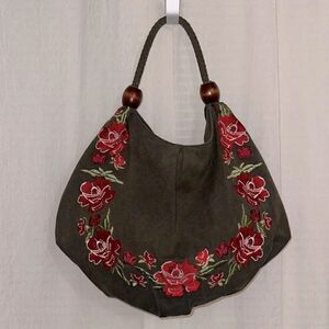 ASOS Forever New Camo Green Canvas Red Burgundy Pink Floral Embroidered Hobo Bag